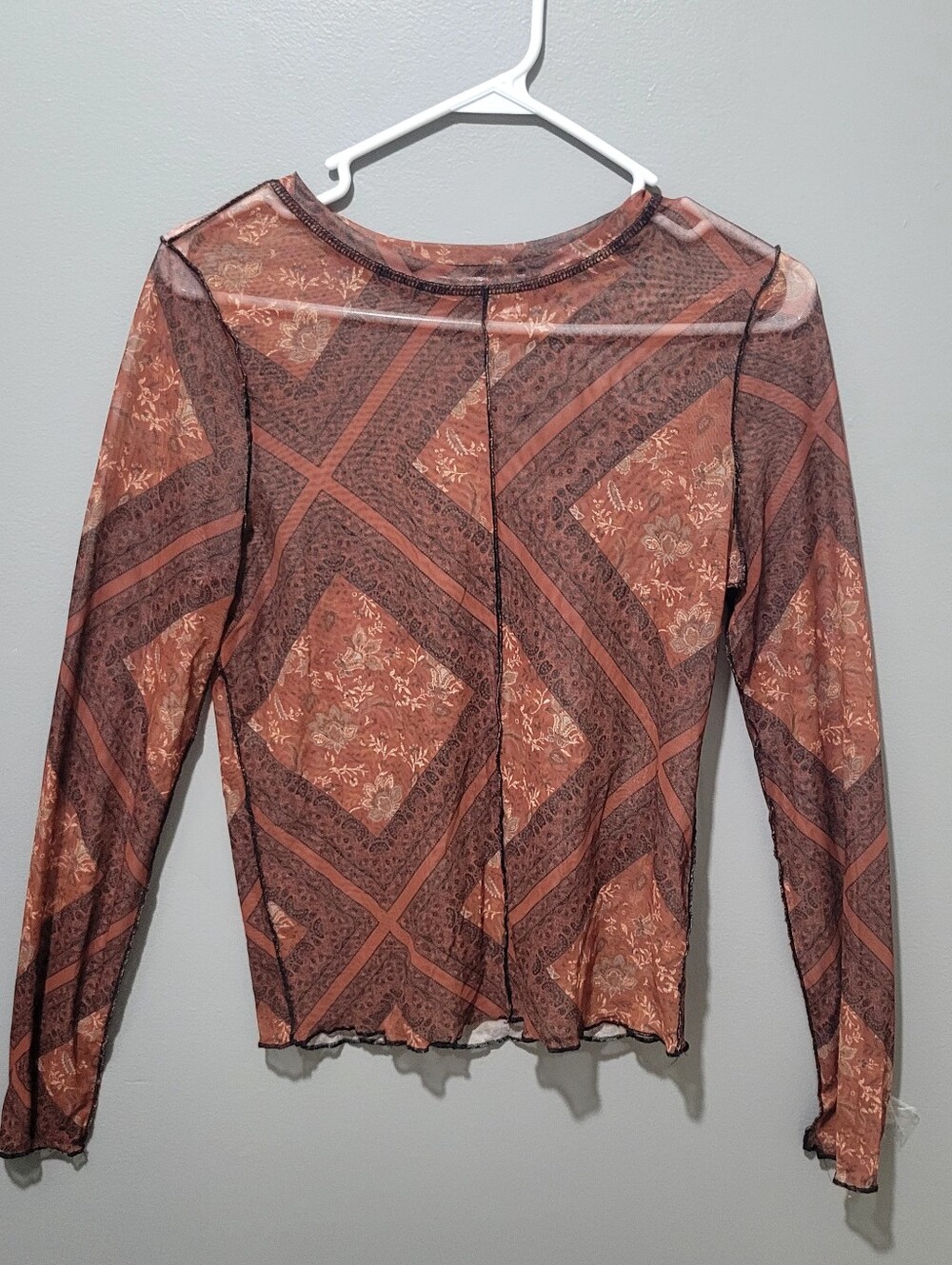 Willow-Root Sheer Long-Sleeve Printed Mesh Top in Rust Brown Sz M
